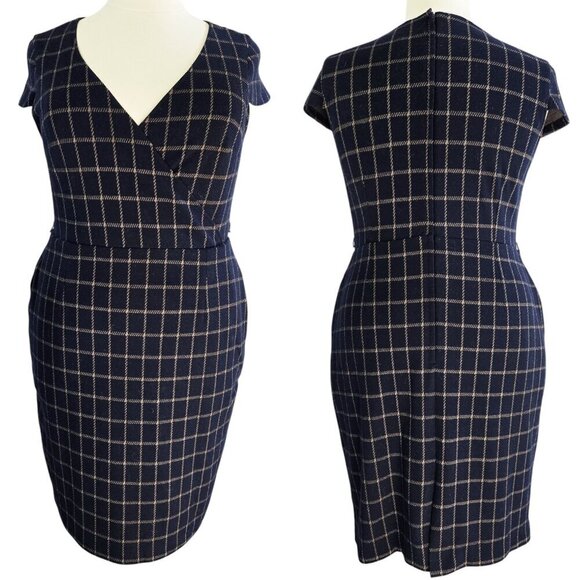 Modcloth Navy Blue Windowpane Plaid Cap Sleeve Surplice Neck Sheath Dress Rare - Picture 1 of 8